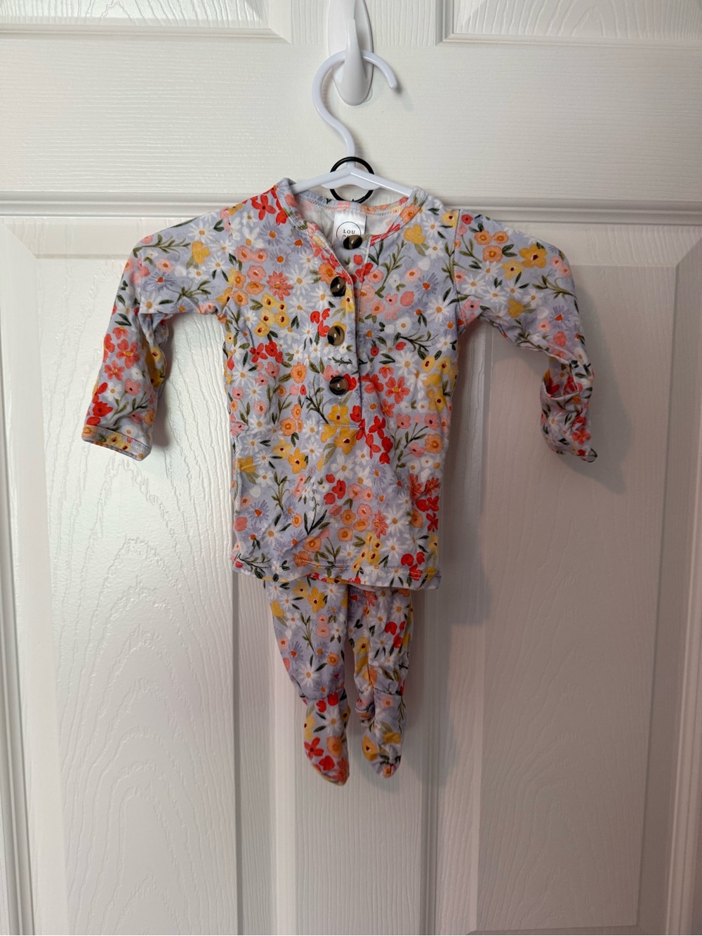 Lou Lou Floral Printed Baby 2 piece - Light Gray with Yellow & Coral Flowers